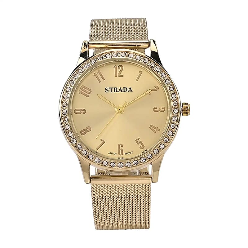 Strada White Austrian Crystal Japanese Movement Watch in Goldtone with Stainless Steel Mesh Belt Strap (36.06 mm) (6.50-7.50 Inches)