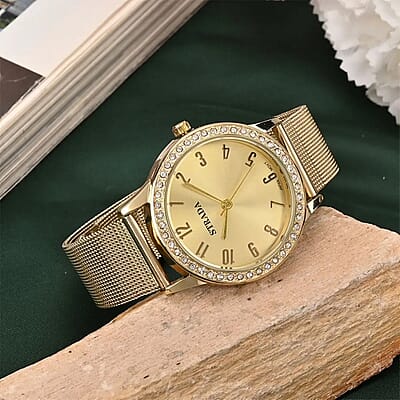 Strada White Austrian Crystal Japanese Movement Watch in Goldtone with Stainless Steel Mesh Belt Strap (36.06 mm) (6.50-7.50 Inches)