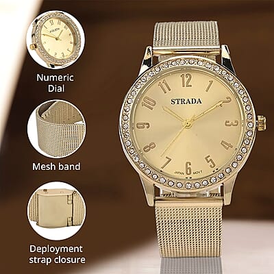 Strada White Austrian Crystal Japanese Movement Watch in Goldtone with Stainless Steel Mesh Belt Strap (36.06 mm) (6.50-7.50 Inches)