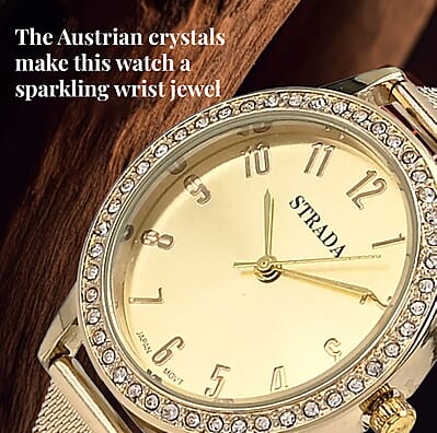 Strada White Austrian Crystal Japanese Movement Watch in Goldtone with Stainless Steel Mesh Belt Strap (36.06 mm) (6.50-7.50 Inches)