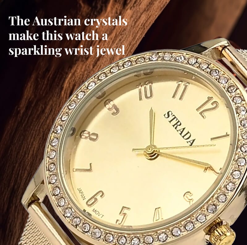 Strada White Austrian Crystal Japanese Movement Watch in Goldtone with Stainless Steel Mesh Belt Strap (36.06 mm) (6.50-7.50 Inches)