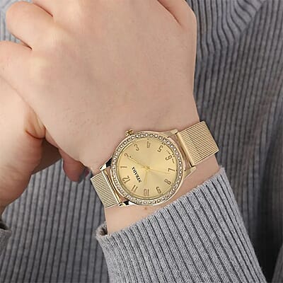 Strada White Austrian Crystal Japanese Movement Watch in Goldtone with Stainless Steel Mesh Belt Strap (36.06 mm) (6.50-7.50 Inches)