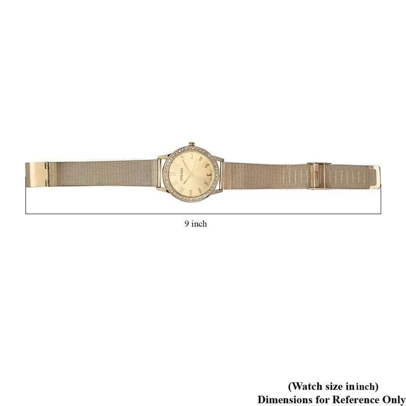 Strada White Austrian Crystal Japanese Movement Watch in Goldtone with Stainless Steel Mesh Belt Strap (36.06 mm) (6.50-7.50 Inches)