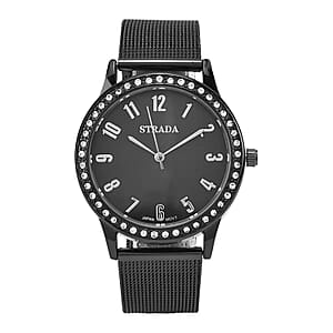 Strada White Austrian Crystal Japanese Movement Watch in Black Silvertone with Stainless Steel Mesh Belt Strap (36.06 mm) (6.50-7.50 Inches)