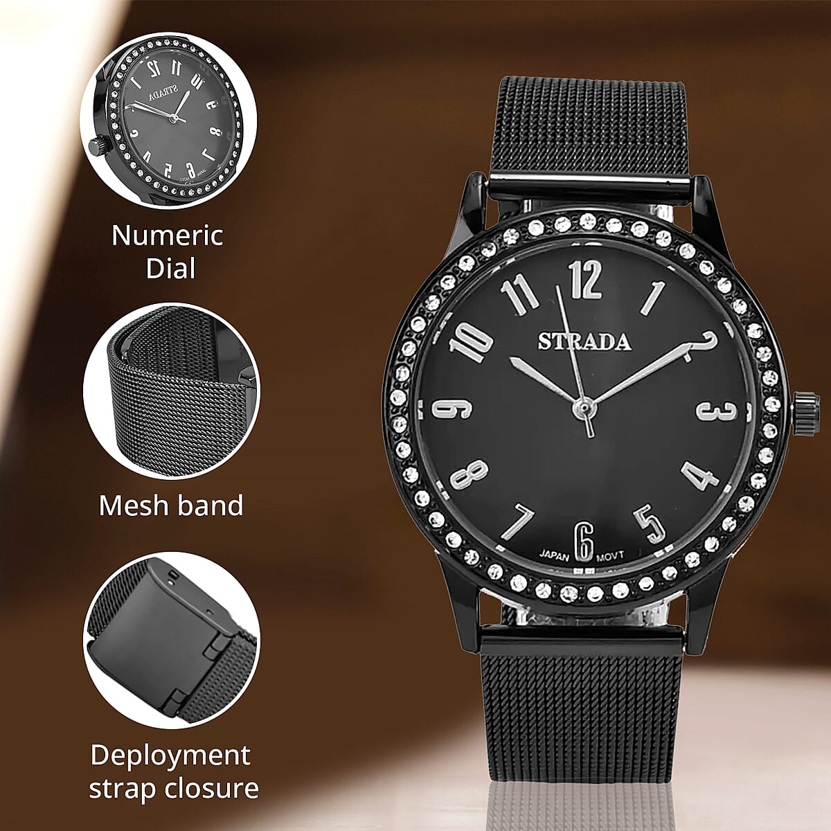 Strada White Austrian Crystal Japanese Movement Watch in Black Silvertone with Stainless Steel Mesh Belt Strap (36.06 mm) (6.50-7.50 Inches) image number 2