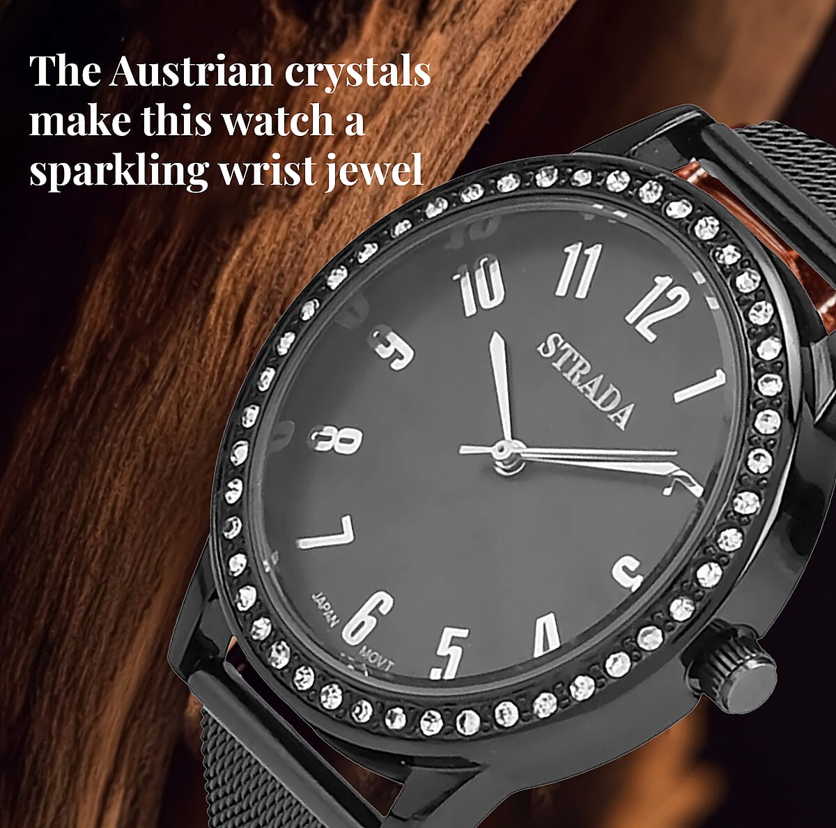 Strada White Austrian Crystal Japanese Movement Watch in Black Silvertone with Stainless Steel Mesh Belt Strap (36.06 mm) (6.50-7.50 Inches) image number 4