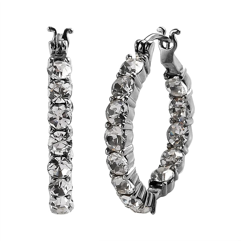 White Crystal Hoop Earrings in Stainless Steel , Tarnish-Free, Waterproof, Sweat Proof Jewelry