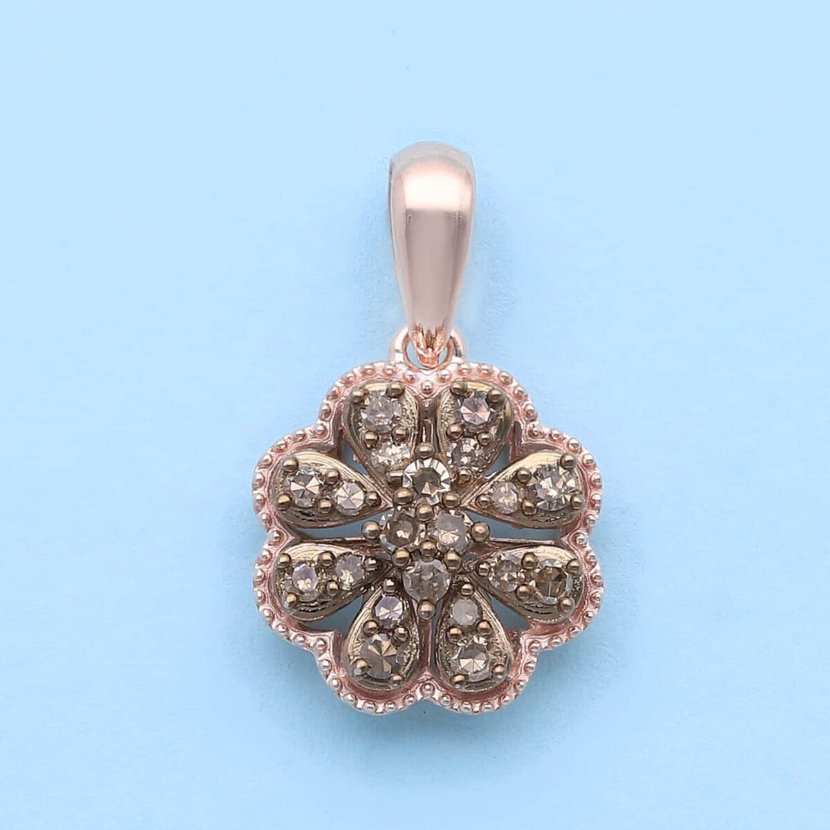 Natural Champagne Diamond Floral Pendant, Champagne Diamond Pendant, Rhodium and Vermeil Rose Gold Over Sterling Silver Pendant, Diamond Cluster Pendant, Floral Cluster Pendant 0.25 ctw image number 1