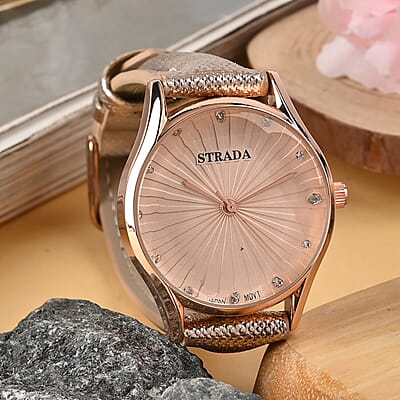 Strada Japanese Movement Watch in Rosetone with Rose Gold Faux Leather Strap (6.50-8.0 Inches) (32mm)