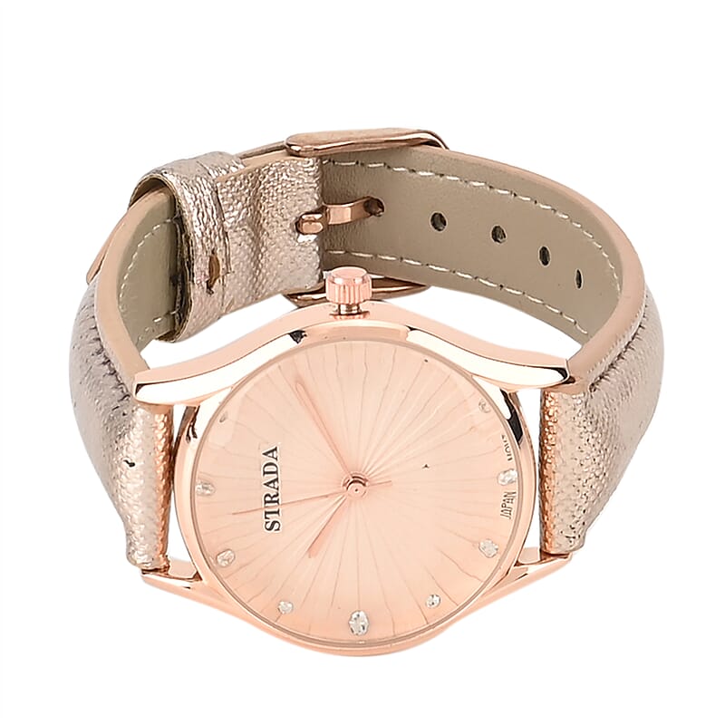 Strada Japanese Movement Watch in Rosetone with Rose Gold Faux Leather Strap (6.50-8.0 Inches) (32mm)