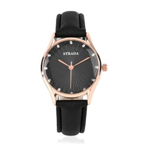 Strada Japanese Movement Watch in Rosetone with Black Faux Leather Strap (6.50-8.0 Inches) (32mm)