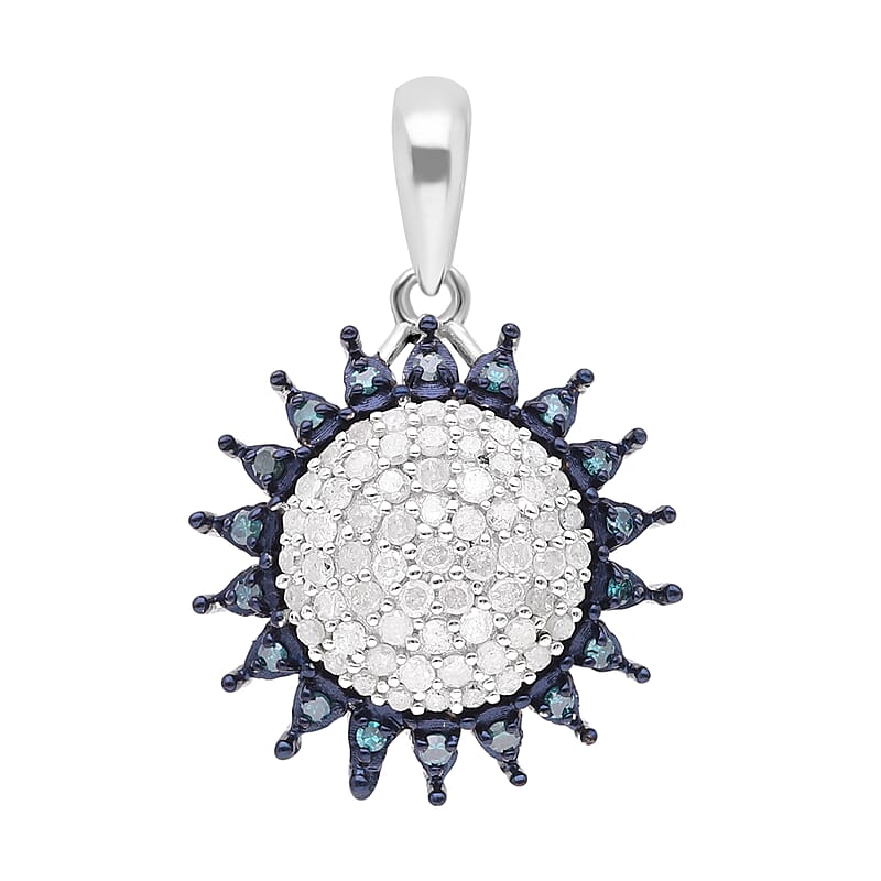 Diamond and Blue Diamond Sunburst Pendant in Rhodium and Platinum Over Sterling Silver 0.50 ctw