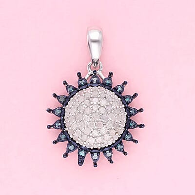 Diamond and Blue Diamond Sunburst Pendant in Rhodium and Platinum Over Sterling Silver 0.50 ctw