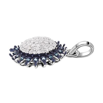 Diamond and Blue Diamond Sunburst Pendant in Rhodium and Platinum Over Sterling Silver 0.50 ctw