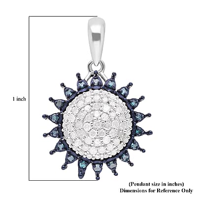 Diamond and Blue Diamond Sunburst Pendant in Rhodium and Platinum Over Sterling Silver 0.50 ctw
