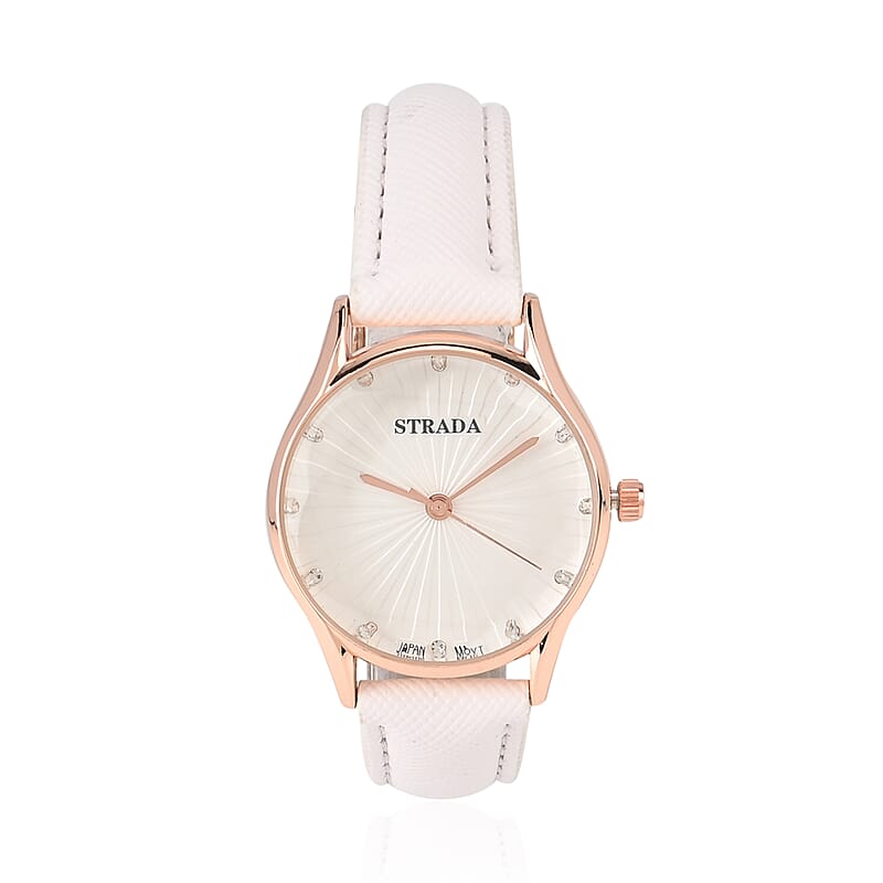 Strada Japanese Movement Watch in Rosetone with White Faux Leather Strap (6.50-8.0 Inches) (32mm)