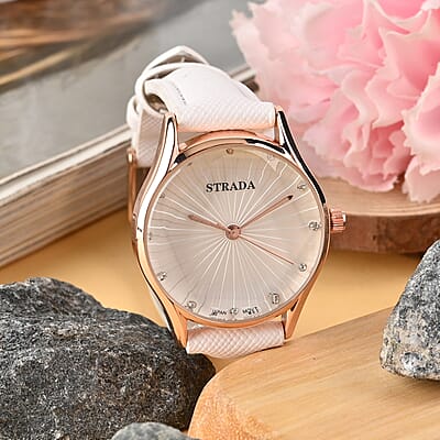 Strada Japanese Movement Watch in Rosetone with White Faux Leather Strap (6.50-8.0 Inches) (32mm)