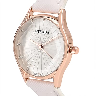 Strada Japanese Movement Watch in Rosetone with White Faux Leather Strap (6.50-8.0 Inches) (32mm)