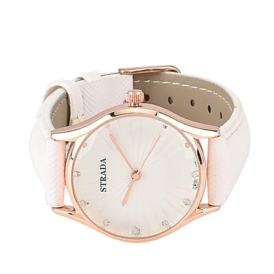 Strada Japanese Movement Watch in Rosetone with White Faux Leather Strap (6.50-8.0 Inches) (32mm)