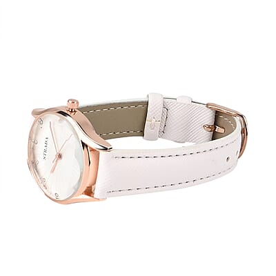 Strada Japanese Movement Watch in Rosetone with White Faux Leather Strap (6.50-8.0 Inches) (32mm)