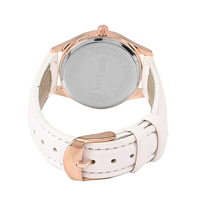 Strada Japanese Movement Watch in Rosetone with White Faux Leather Strap (6.50-8.0 Inches) (32mm)