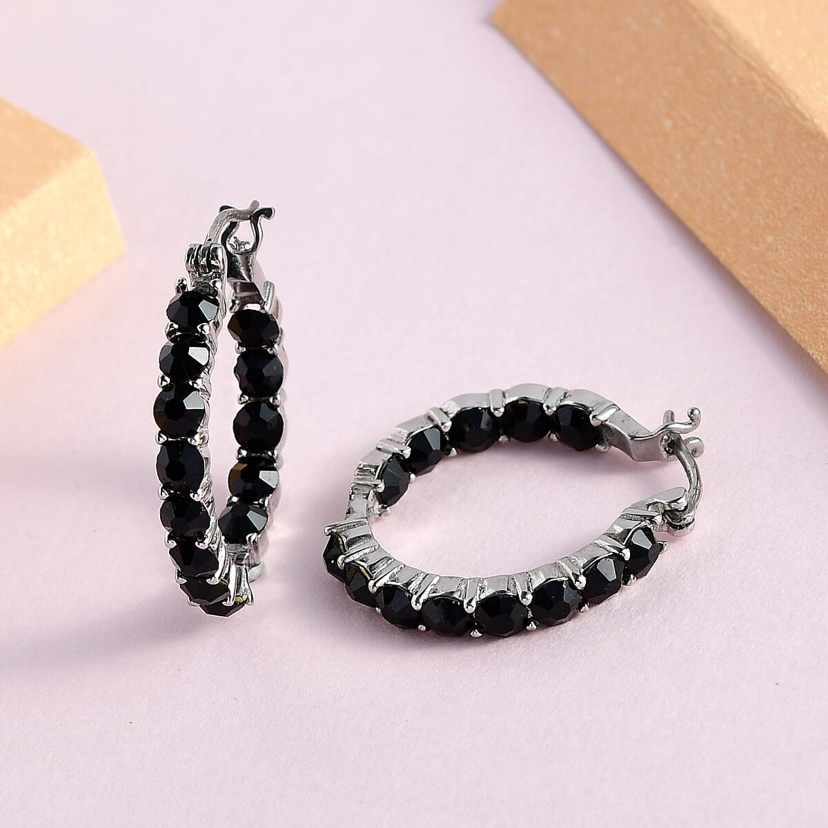 Black Crystal Hoop Earrings in Stainless Steel , Tarnish-Free, Waterproof, Sweat Proof Jewelry image number 1