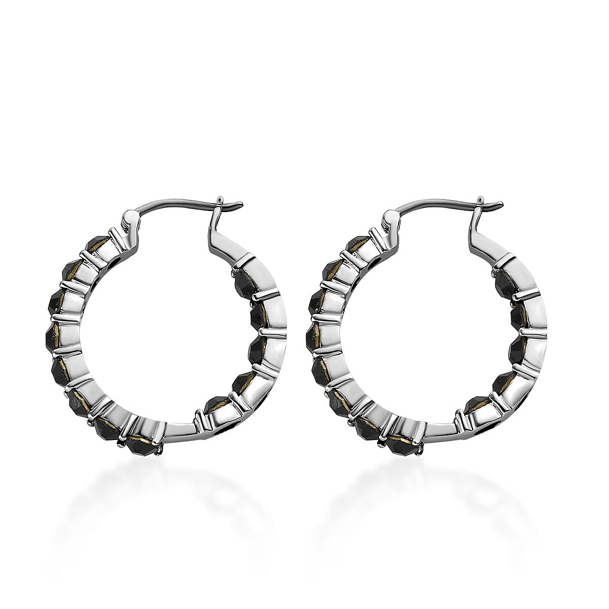 Black Crystal Hoop Earrings in Stainless Steel , Tarnish-Free, Waterproof, Sweat Proof Jewelry image number 3