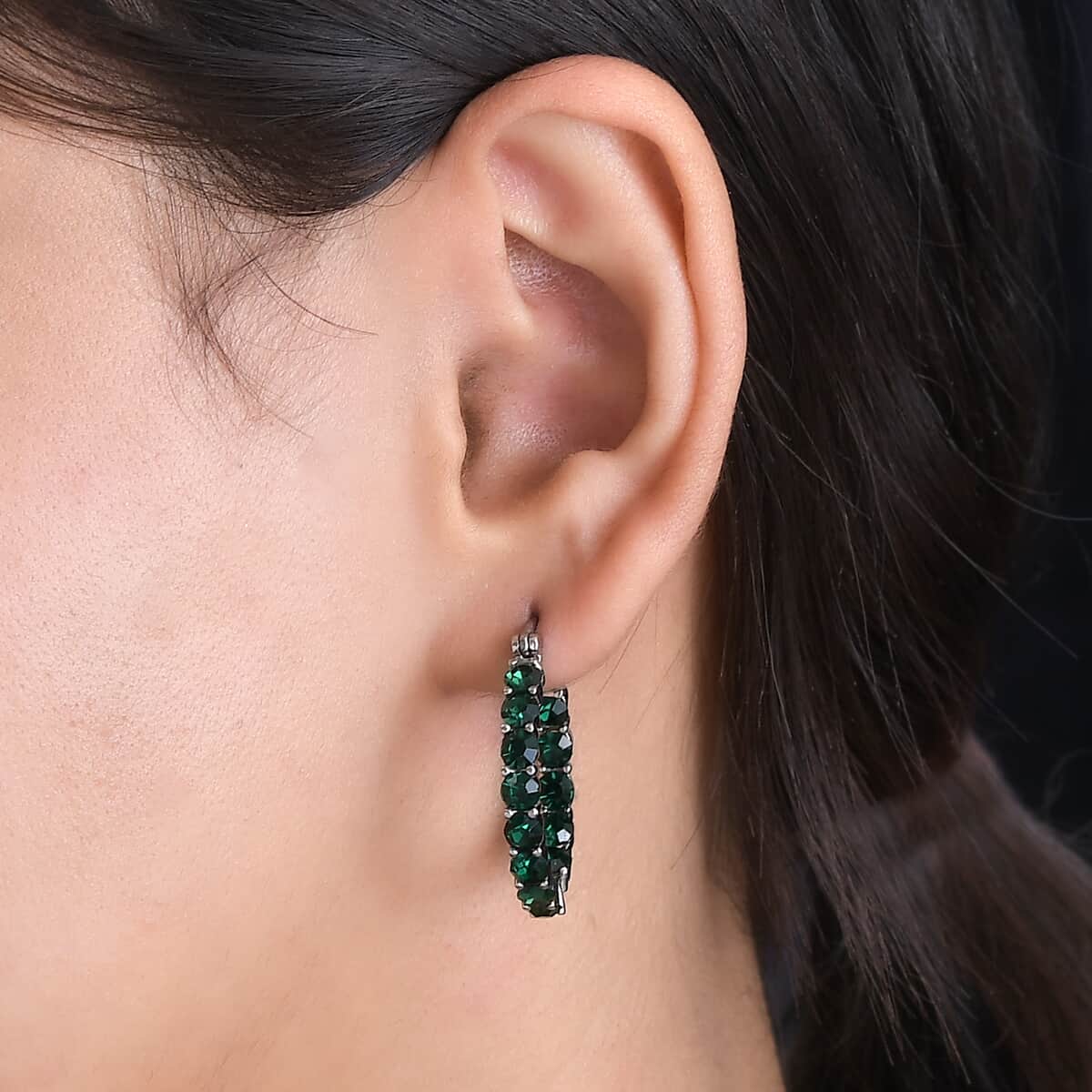 Emerald Color Crystal Hoop Earrings in Stainless Steel , Tarnish-Free, Waterproof, Sweat Proof Jewelry image number 2