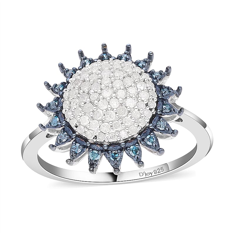 White and Blue Diamond Sunburst Ring in Platinum Over Sterling Silver (Size 10.0) 0.50 ctw