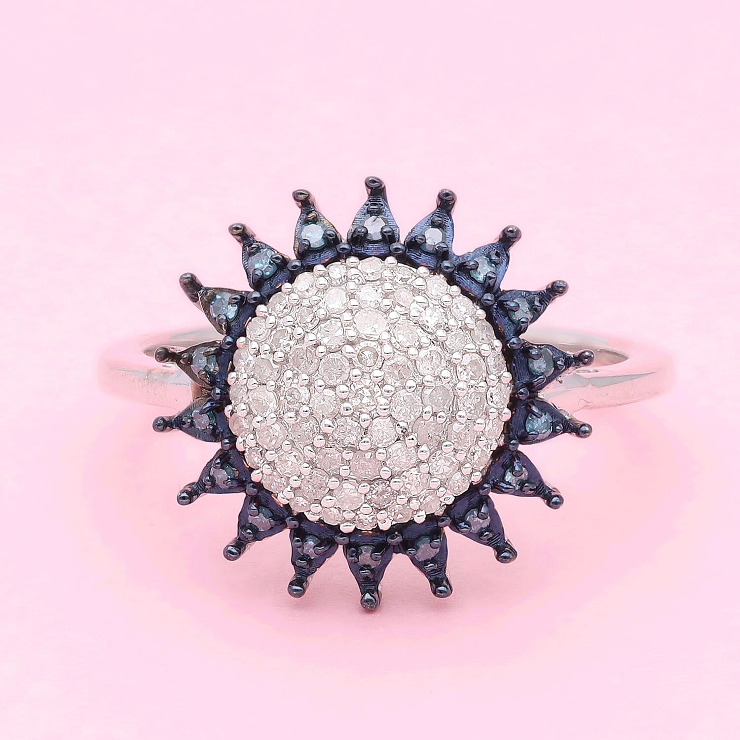 White and Blue Diamond Sunburst Ring in Platinum Over Sterling Silver (Size 10.0) 0.50 ctw