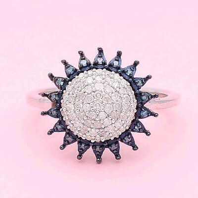 White and Blue Diamond Sunburst Ring in Platinum Over Sterling Silver (Size 10.0) 0.50 ctw