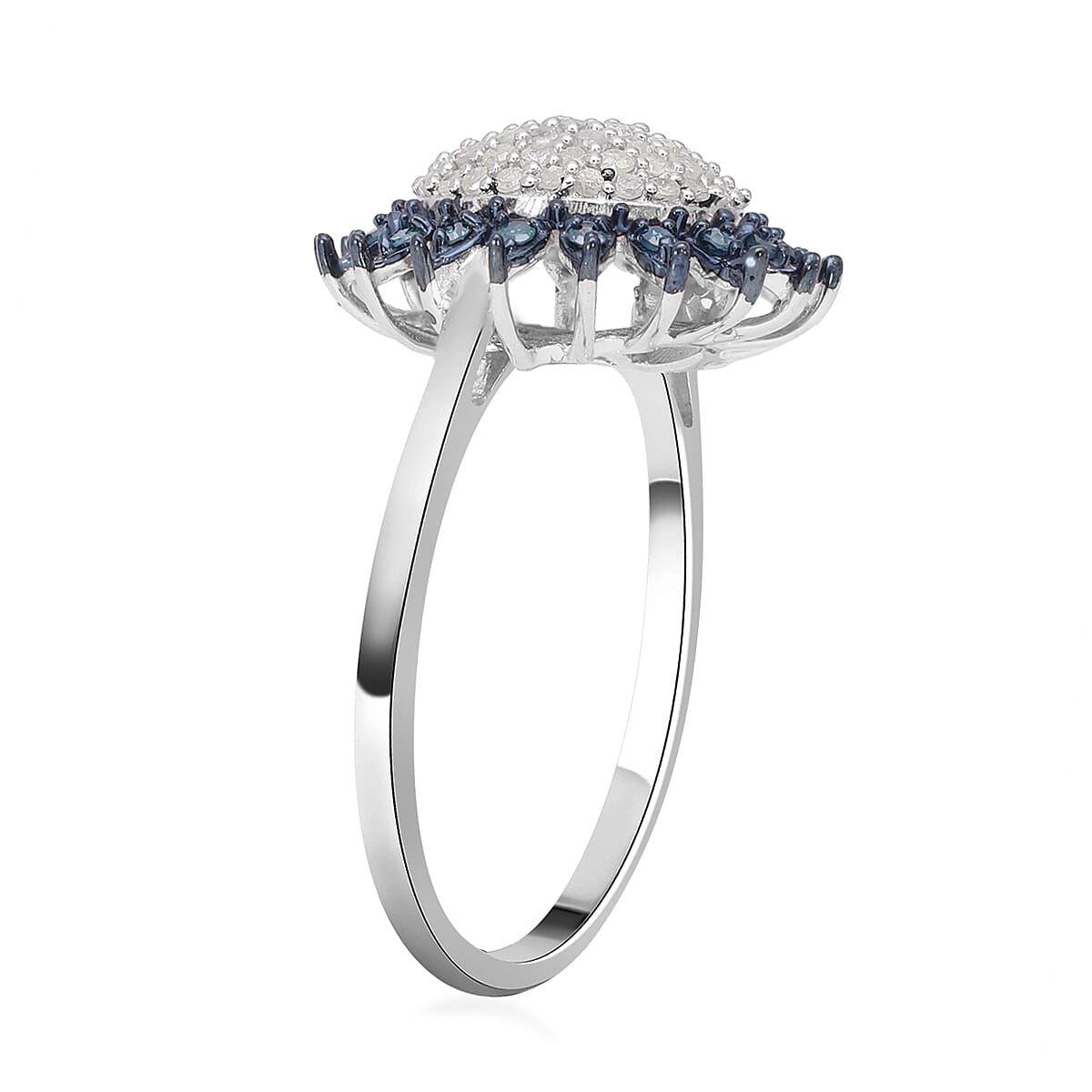 White and Blue Diamond Sunburst Ring in Platinum Over Sterling Silver (Size 10.0) 0.50 ctw