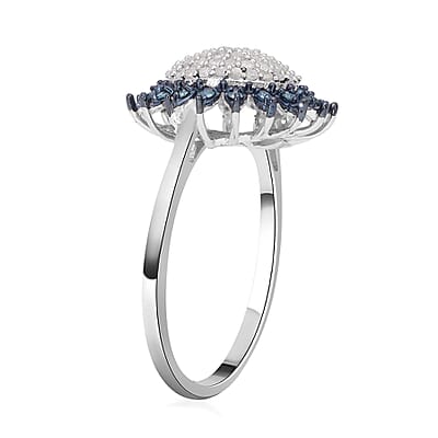 White and Blue Diamond Sunburst Ring in Platinum Over Sterling Silver (Size 10.0) 0.50 ctw