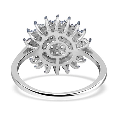 White and Blue Diamond Sunburst Ring in Platinum Over Sterling Silver (Size 10.0) 0.50 ctw