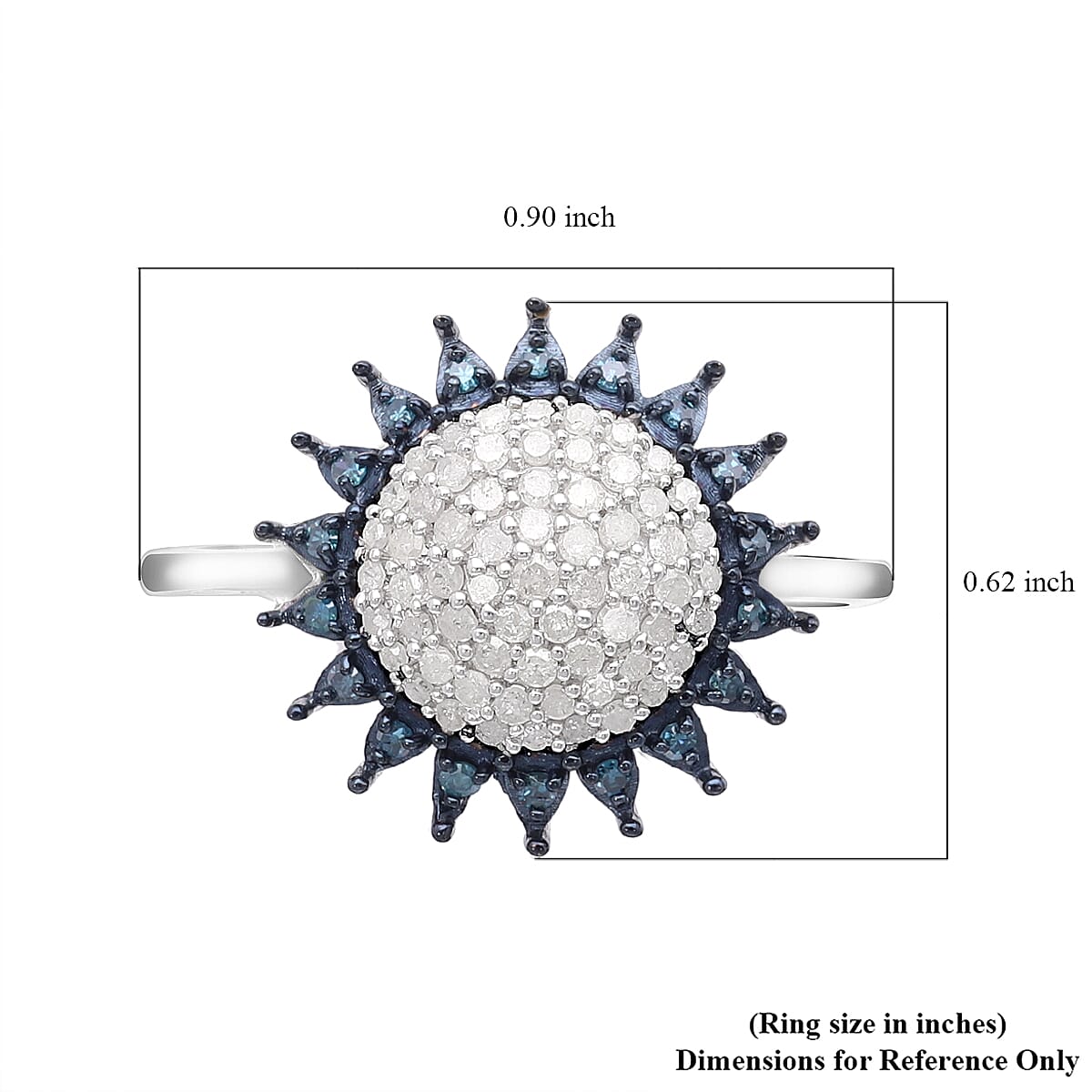 White and Blue Diamond Sunburst Ring in Platinum Over Sterling Silver (Size 10.0) 0.50 ctw
