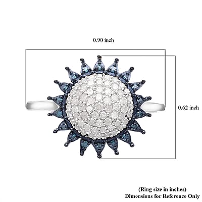 White and Blue Diamond Sunburst Ring in Platinum Over Sterling Silver (Size 10.0) 0.50 ctw