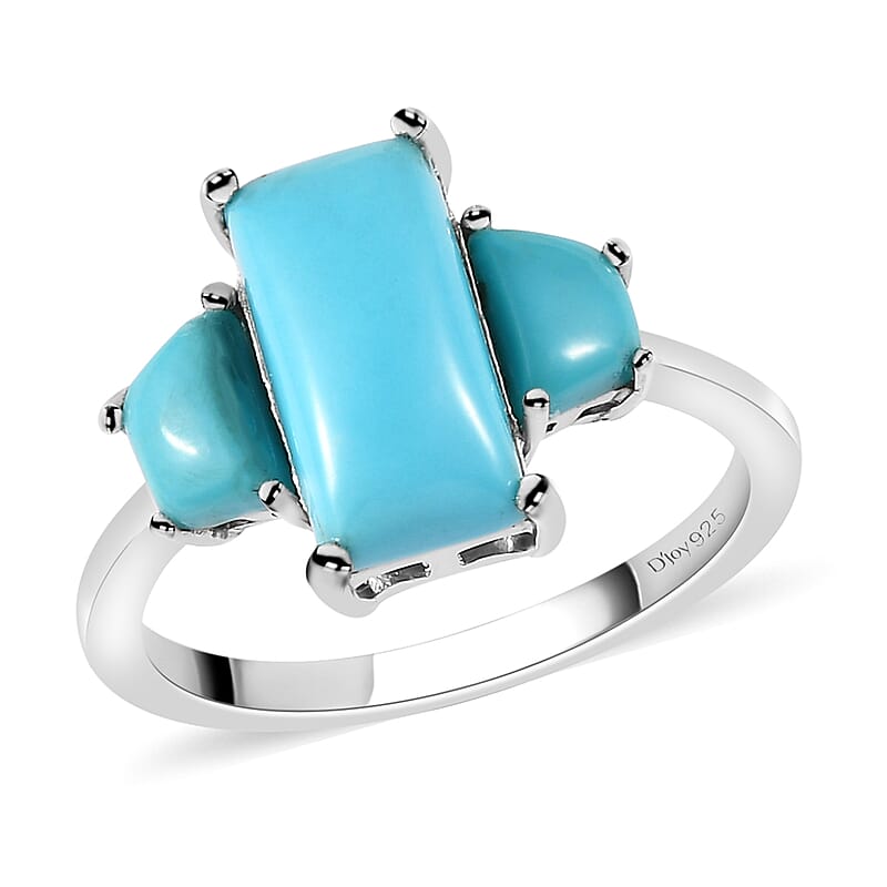 Sleeping Beauty Turquoise 3 Stone Ring in Platinum Over Sterling Silver (Size 10.0) 3.50 ctw