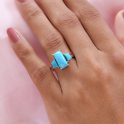 Sleeping Beauty Turquoise 3 Stone Ring in Platinum Over Sterling Silver (Size 10.0) 3.50 ctw