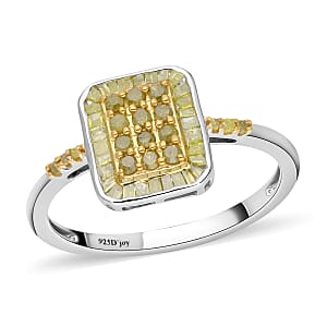 Yellow Diamond Cluster Ring in Platinum Over Sterling Silver (Size 7.0) 0.50 ctw
