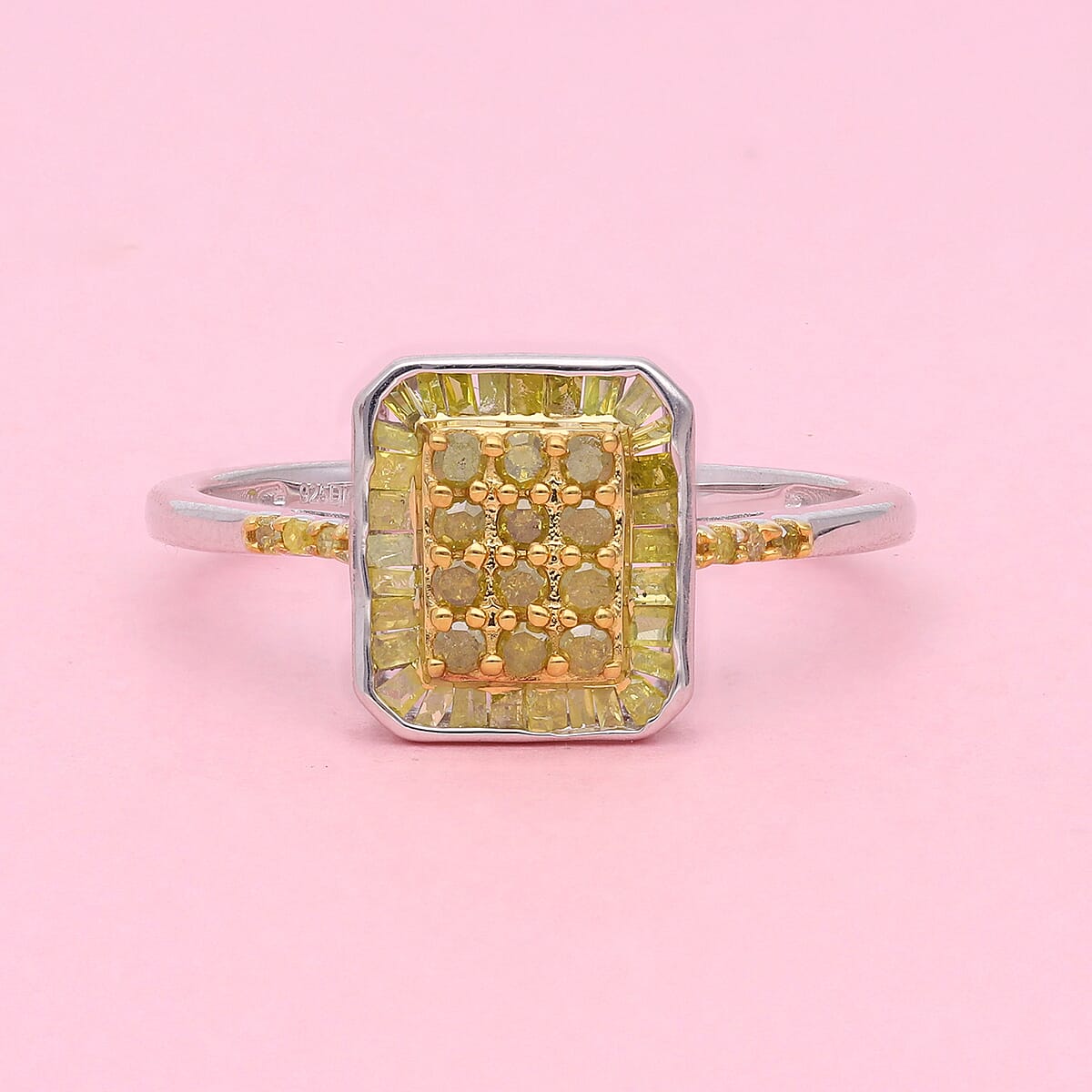 Yellow Diamond Cluster Ring in Platinum Over Sterling Silver (Size 7.0) 0.50 ctw image number 1