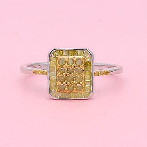 Yellow Diamond Cluster Ring in Platinum Over Sterling Silver (Size 7.0) 0.50 ctw