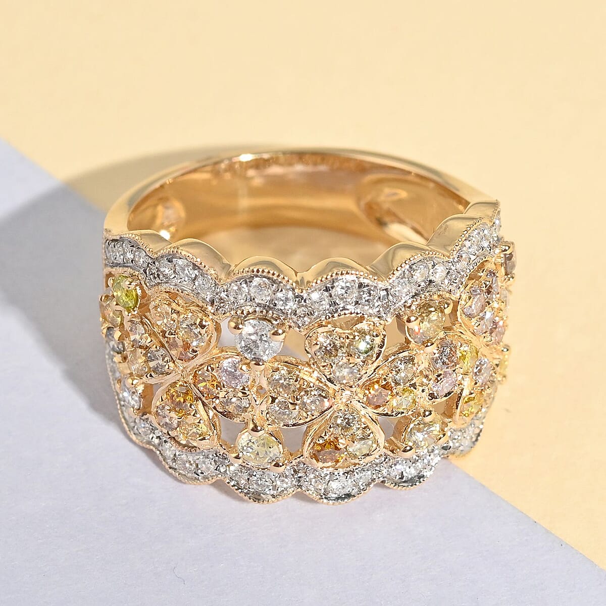 14K Yellow Gold Natural Pink, Yellow and White Diamond Band Ring (Size 8.0) 5.10 Grams 1.25 ctw image number 1