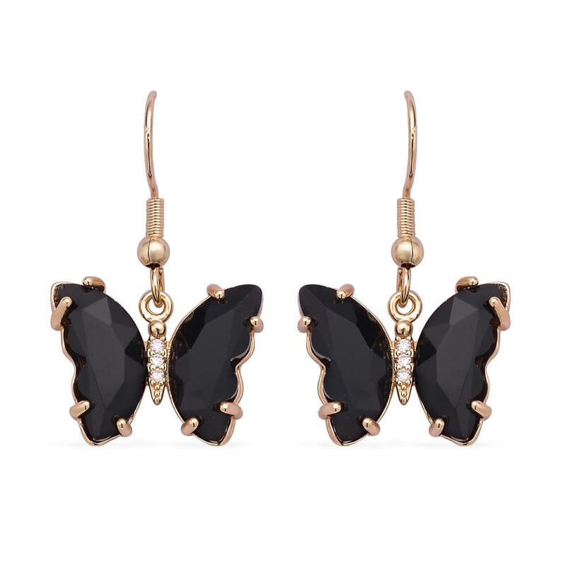 Simulated Black Sapphire and Simulated Diamond Butterfly Earrings in Goldtone