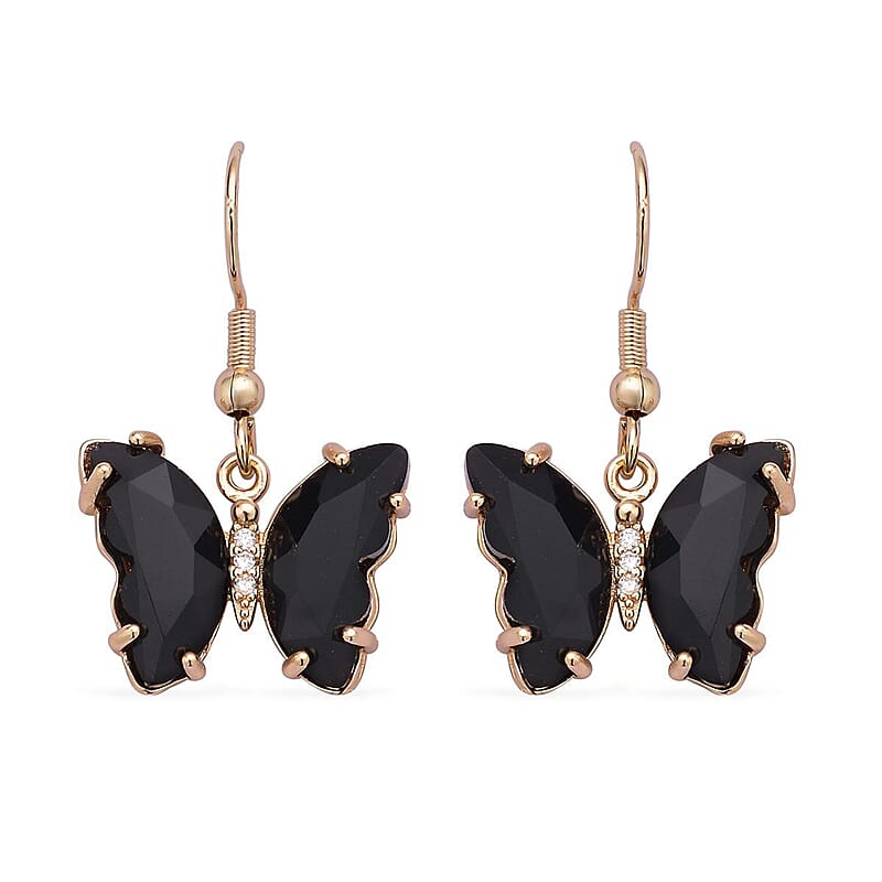 Simulated Black Sapphire and Simulated Diamond Butterfly Earrings in Goldtone