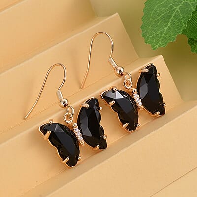 Simulated Black Sapphire and Simulated Diamond Butterfly Earrings in Goldtone
