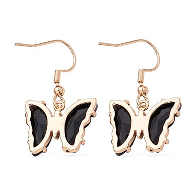 Simulated Black Sapphire and Simulated Diamond Butterfly Earrings in Goldtone