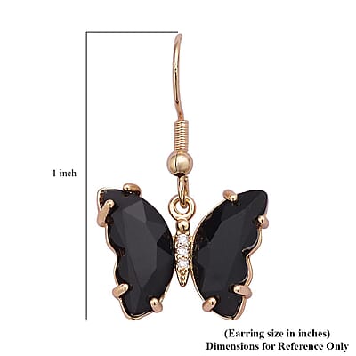 Simulated Black Sapphire and Simulated Diamond Butterfly Earrings in Goldtone