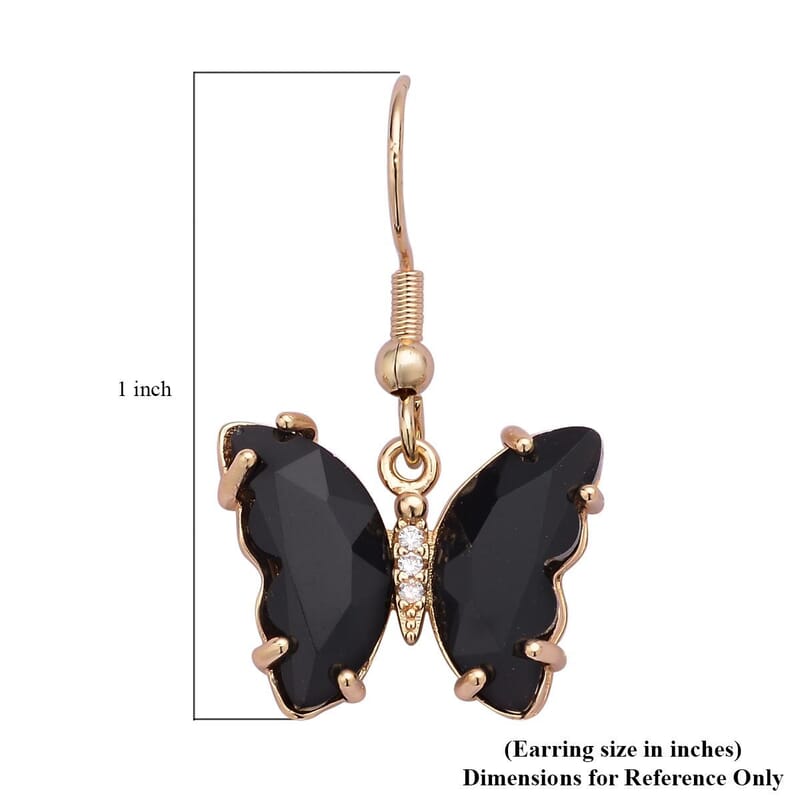 Simulated Black Sapphire and Simulated Diamond Butterfly Earrings in Goldtone