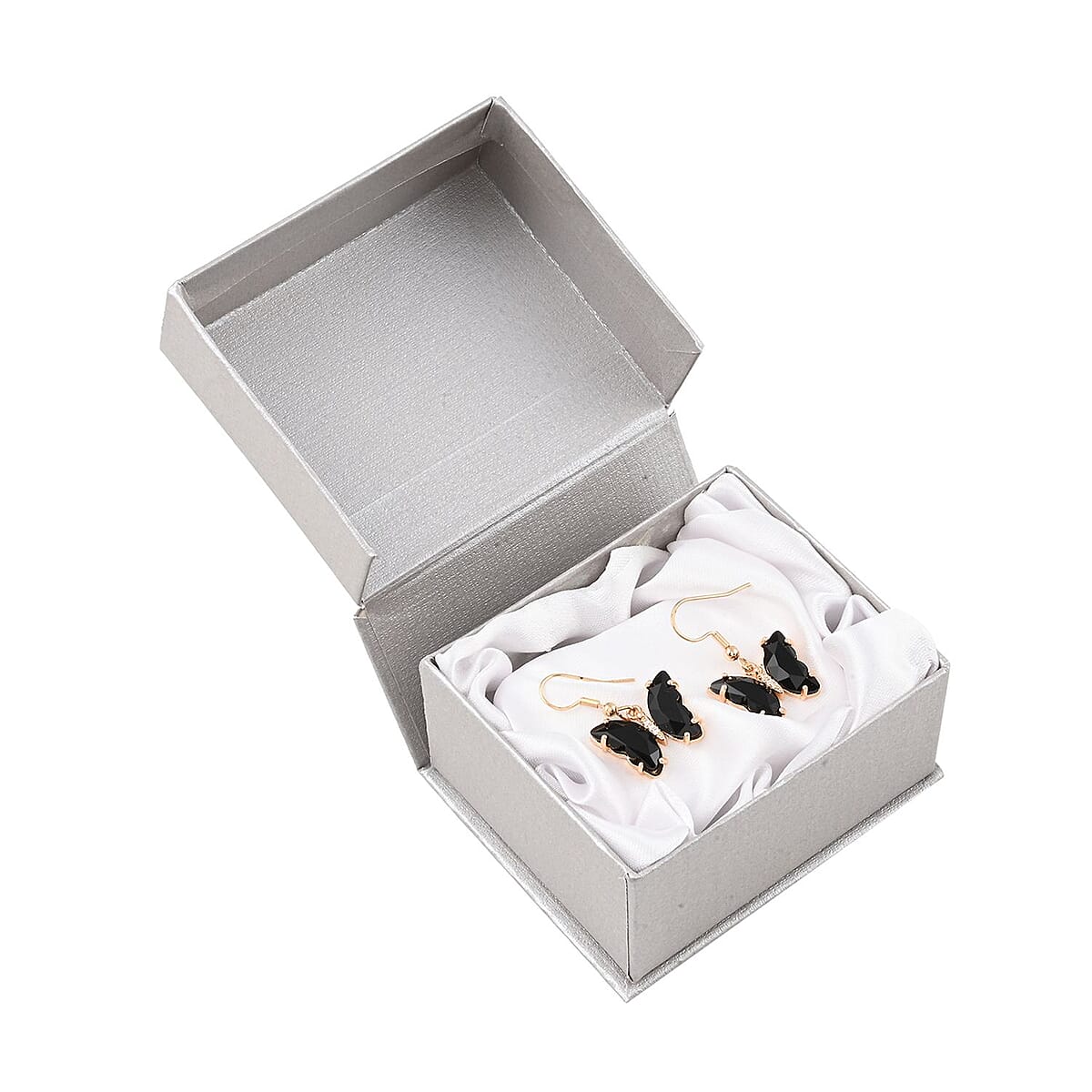 Simulated Black Sapphire and Simulated Diamond Butterfly Earrings in Goldtone image number 5