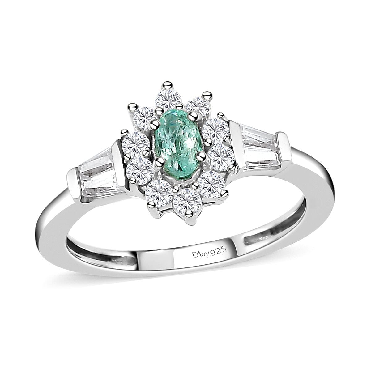 Ethiopian Emerald, Natural White Zircon Floral Ring in Platinum Over Sterling Silver (Size 10.0) 0.75 ctw image number 0